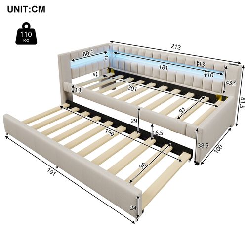 Lit Enfant 90x200 Cm Avec Lit Gigogne 90x190 Cm Et LED, Avec Ports USB Et Type-c, En Tissu, Beige