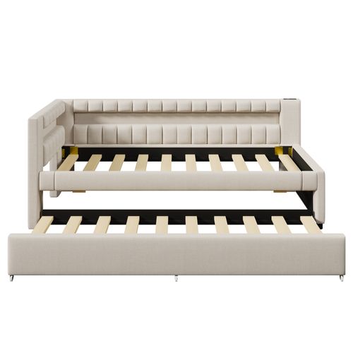 Lit Enfant 90x200 Cm Avec Lit Gigogne 90x190 Cm Et LED, Avec Ports USB Et Type-c, En Tissu, Beige