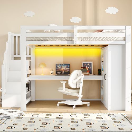Lit Mezzanine 140x200 Cm Avec Bureau, Rangement Et LED, En Mdf Et Bois, Blanc