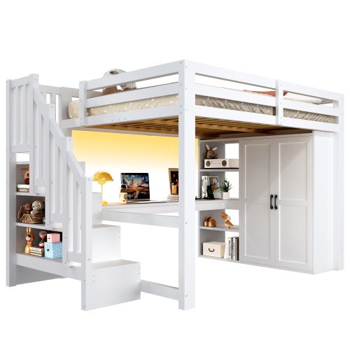 Lit Mezzanine 140x200 Cm Avec Bureau, Rangement Et LED, En Mdf Et Bois, Blanc