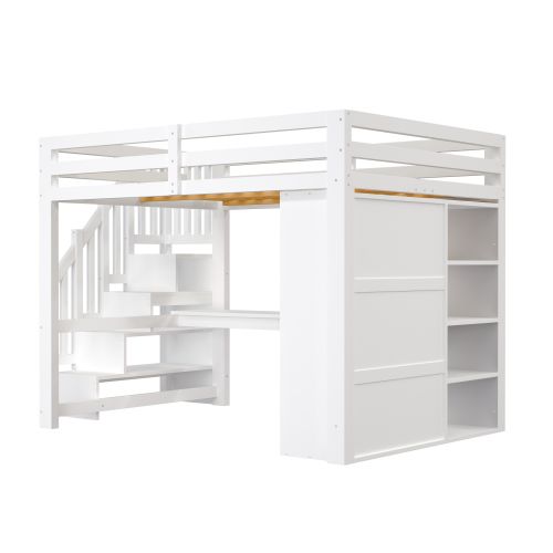 Lit Mezzanine 140x200 Cm Avec Bureau, Rangement Et LED, En Mdf Et Bois, Blanc