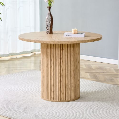Table à Manger Ronde 100 Cm En Mdf Finition Bois Naturel, Pieds Cylindriques Avec Rangement