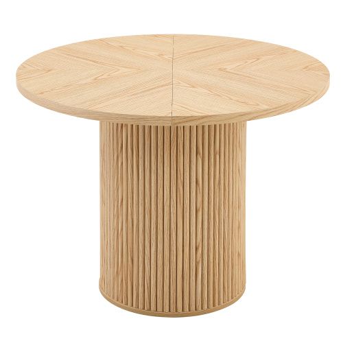 Table à Manger Ronde 100 Cm En Mdf Finition Bois Naturel, Pieds Cylindriques Avec Rangement