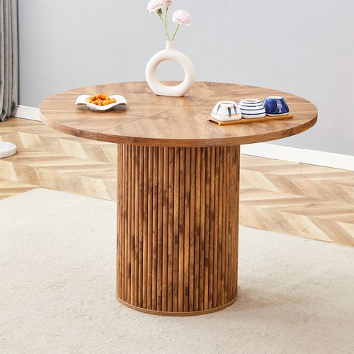Table à Manger Ronde 100 Cm En Mdf Effet Bois, Pied Cylindrique Avec Rangement