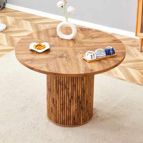 Table à Manger Ronde 100 Cm En Mdf Effet Bois, Pied Cylindrique Avec Rangement