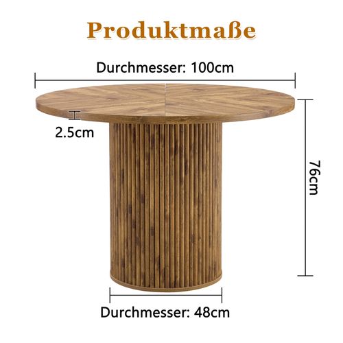 Table à Manger Ronde 100 Cm En Mdf Effet Bois, Pied Cylindrique Avec Rangement
