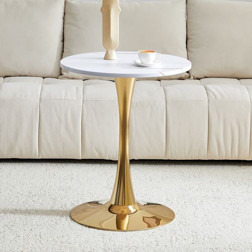 Table D’appoint Ronde 60 Cm En Mdf Effet Marbre Blanc Et Métal Doré