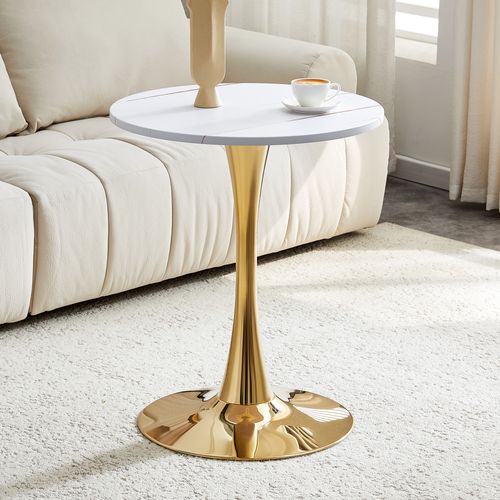 Table D’appoint Ronde 60 Cm En Mdf Effet Marbre Blanc Et Métal Doré