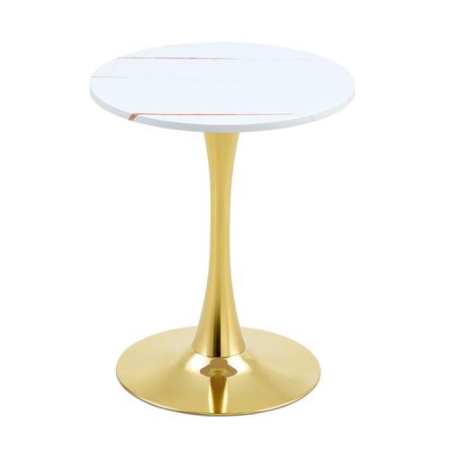 Table D’appoint Ronde 60 Cm En Mdf Effet Marbre Blanc Et Métal Doré