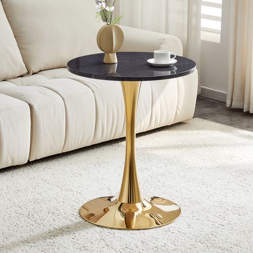 Table D’appoint Ronde 60 Cm En Mdf Effet Marbre Noir Et Métal Doré