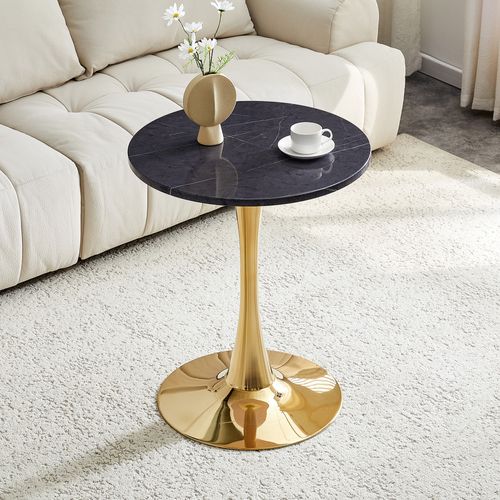 Table D’appoint Ronde 60 Cm En Mdf Effet Marbre Noir Et Métal Doré