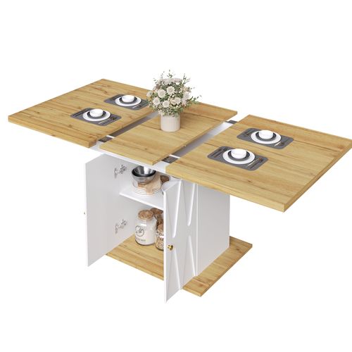 Table à Manger Extensible 110-140x70 Cm, Plateau Mdf Bois, Pieds En Métal à Relief Avec Rangement