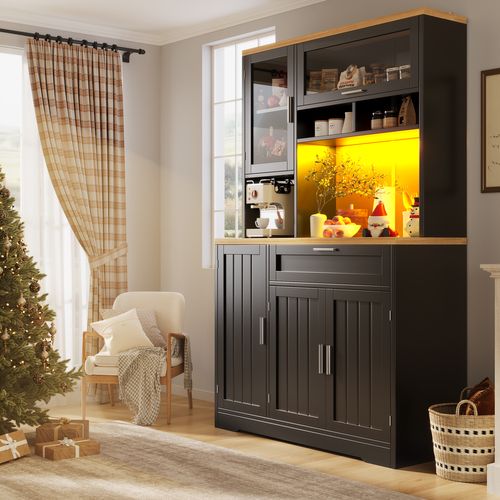 Buffet De Cuisine Haut 104x40x180 Cm Avec LED Par USB, Portes En Verre, En Mdf, Noir