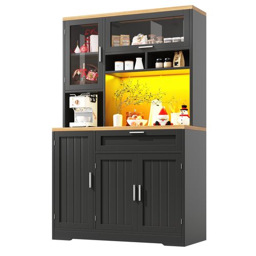 Buffet De Cuisine Haut 104x40x180 Cm Avec LED Par USB, Portes En Verre, En Mdf, Noir