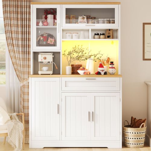 Buffet De Cuisine Haut 104x40x180 Cm Avec LED Par USB, Portes En Verre, En Mdf, Blanc