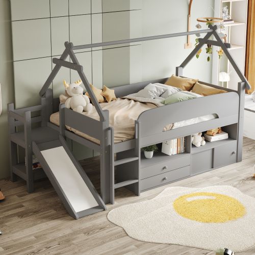 Lit Enfant Mezzanine 90x200 Cm Avec Toboggan Et Rangements, En Bois, Gris