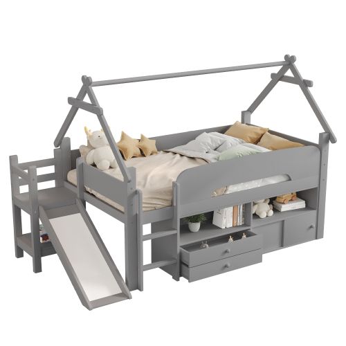 Lit Enfant Mezzanine 90x200 Cm Avec Toboggan Et Rangements, En Bois, Gris