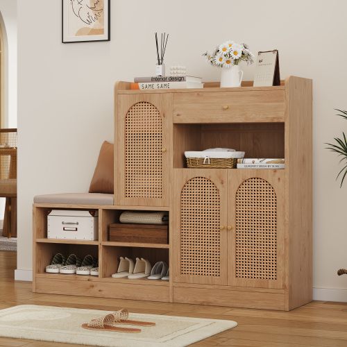 Meuble à Chaussures Avec Banc Rembourré, 3 Portes Effet Rotin, Tiroir, 4 Étagères Ouvertes, Natural