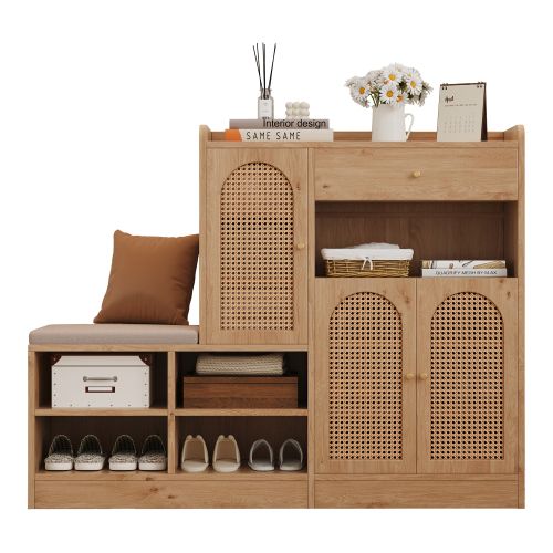Meuble à Chaussures Avec Banc Rembourré, 3 Portes Effet Rotin, Tiroir, 4 Étagères Ouvertes, Natural