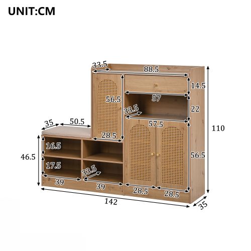 Meuble à Chaussures Avec Banc Rembourré, 3 Portes Effet Rotin, Tiroir, 4 Étagères Ouvertes, Natural