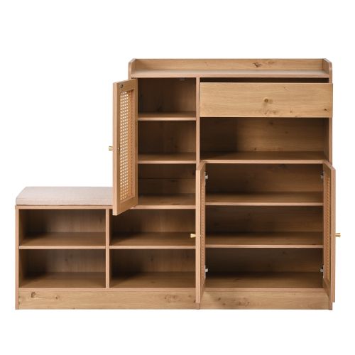 Meuble à Chaussures Avec Banc Rembourré, 3 Portes Effet Rotin, Tiroir, 4 Étagères Ouvertes, Natural