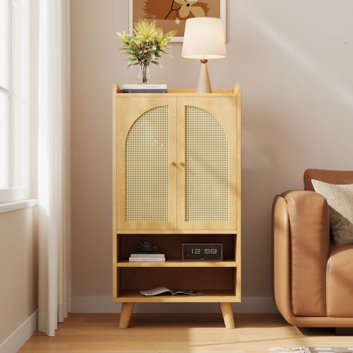 Buffet Haut Bois 60 X 40 X 121 Cm, Portes En Rotin, En Panneaux De Particules