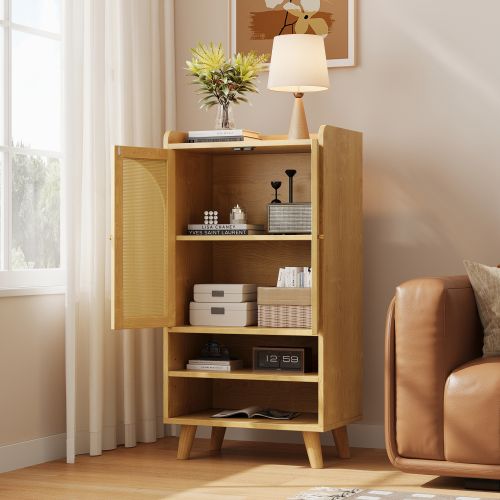 Buffet Haut Bois 60 X 40 X 121 Cm, Portes En Rotin, En Panneaux De Particules