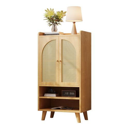 Buffet Haut Bois 60 X 40 X 121 Cm, Portes En Rotin, En Panneaux De Particules