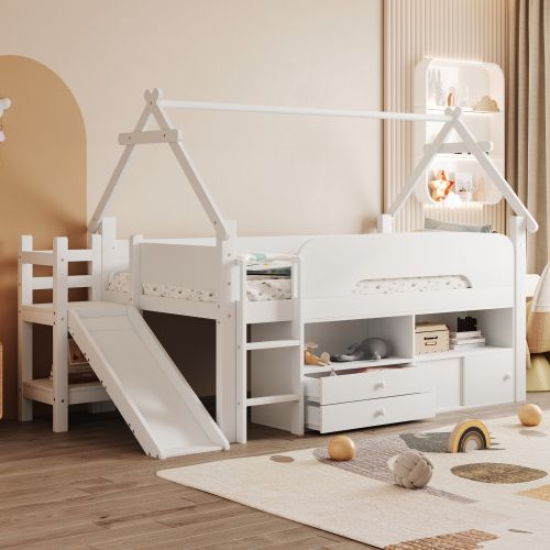 Lit Enfant Mezzanine 90x200 Cm Avec Toboggan Et Rangements, En Bois, Blanc