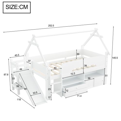 Lit Enfant Mezzanine 90x200 Cm Avec Toboggan Et Rangements, En Bois, Blanc