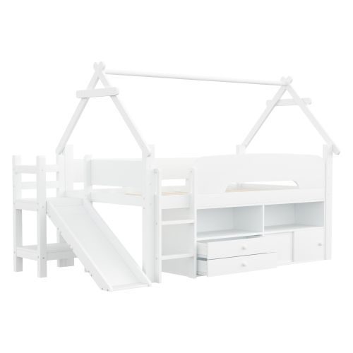 Lit Enfant Mezzanine 90x200 Cm Avec Toboggan Et Rangements, En Bois, Blanc