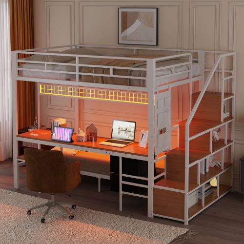 Lit Superposé 140x200 Cm, Avec Lit Inférieur 90x200, Bureau Avec LED Et Prises, En Métal, Blanc