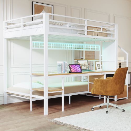 Lit Superposé 140x200 Cm, Avec Lit Inférieur 90x200, Bureau Avec LED Et Prises, En Métal, Blanc