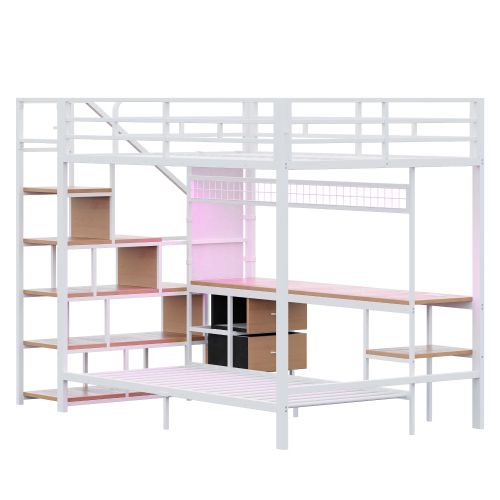 Lit Superposé 140x200 Cm, Avec Lit Inférieur 90x200, Bureau Avec LED Et Prises, En Métal, Blanc