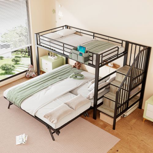 Lit Superposé 90/180x200 Cm, Avec Lit Gigogne, En Métal, Noir