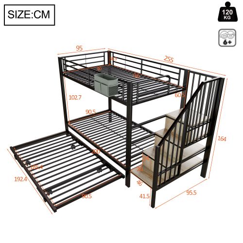 Lit Superposé 90/180x200 Cm, Avec Lit Gigogne, En Métal, Noir