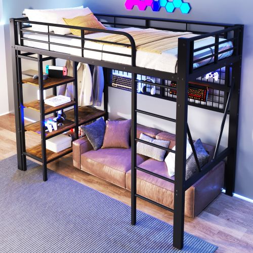 Lit Mezzanine 90x200 Cm, Avec LED Et Rangements, En Métal, Noir