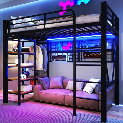 Lit Mezzanine 90x200 Cm, Avec LED Et Rangements, En Métal, Noir