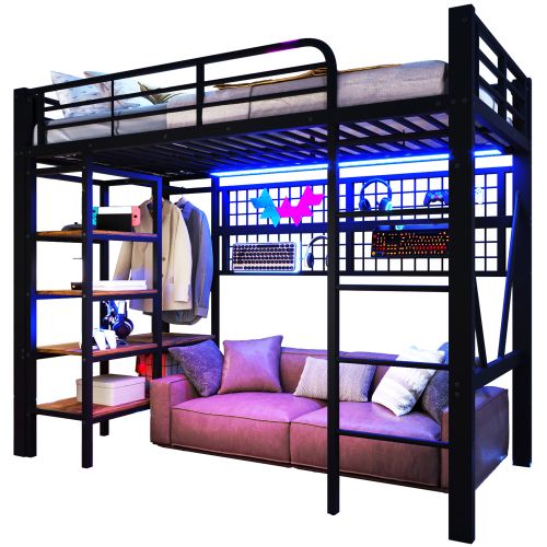 Lit Mezzanine 90x200 Cm, Avec LED Et Rangements, En Métal, Noir