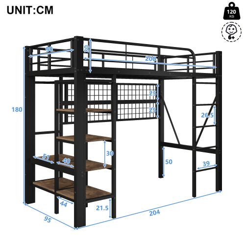 Lit Mezzanine 90x200 Cm, Avec LED Et Rangements, En Métal, Noir
