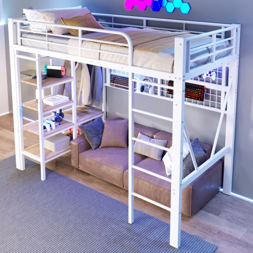 Lit Mezzanine 90x200 Cm, Avec LED Et Rangement, En Métal, Blanc