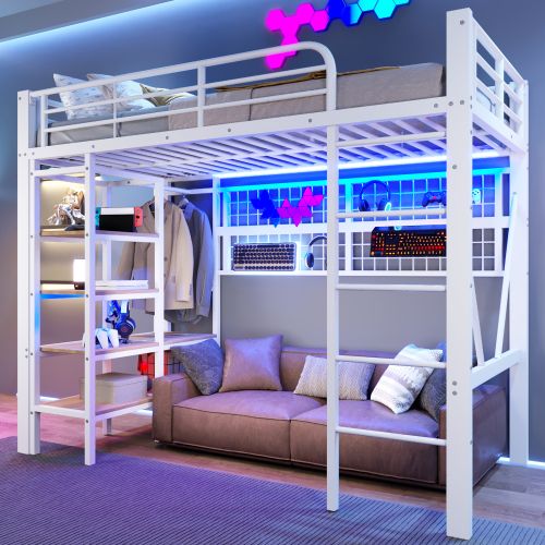 Lit Mezzanine 90x200 Cm, Avec LED Et Rangement, En Métal, Blanc