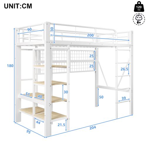 Lit Mezzanine 90x200 Cm, Avec LED Et Rangement, En Métal, Blanc