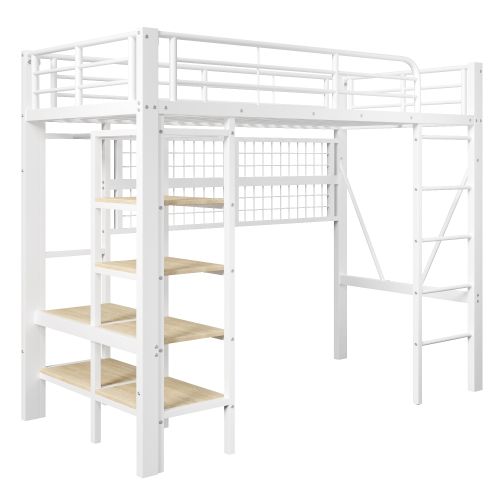 Lit Mezzanine 90x200 Cm, Avec LED Et Rangement, En Métal, Blanc