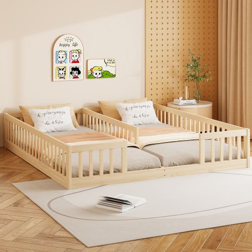 Lit Enfant 90x200 Cm Avec Barrières Et Sommier à Lattes, En Bois, Naturel