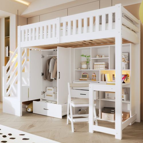 Lit Mezzanine 90x200 Cm Avec Bureau Et Rangement, En Bois, Blanc