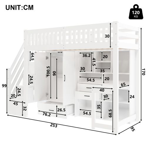 Lit Mezzanine 90x200 Cm Avec Bureau Et Rangement, En Bois, Blanc