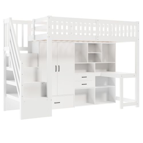 Lit Mezzanine 90x200 Cm Avec Bureau Et Rangement, En Bois, Blanc