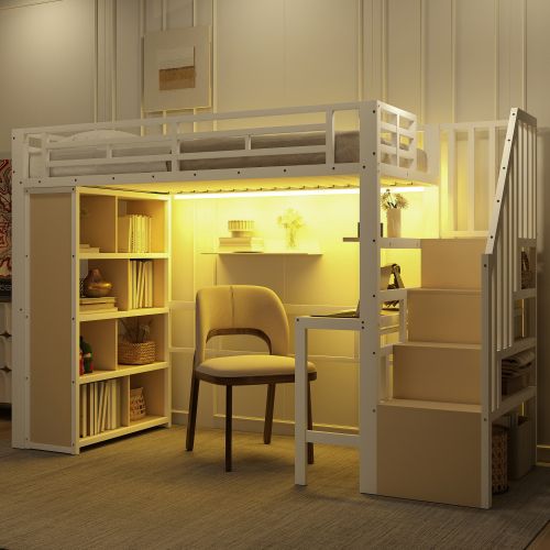 Lit Mezzanine 90x200 Cm, Avec Bureau Et Rangement Escalier, Avec LED, En Métal, Blanc