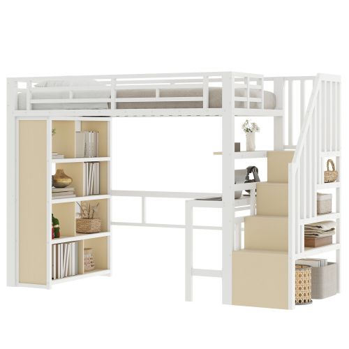 Lit Mezzanine 90x200 Cm, Avec Bureau Et Rangement Escalier, Avec LED, En Métal, Blanc